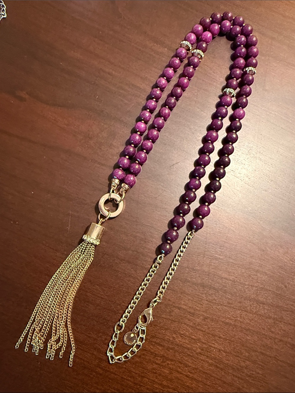 Charter Club Purple Beaded Necklace with Gold-tone and Clear Rhinestone accents